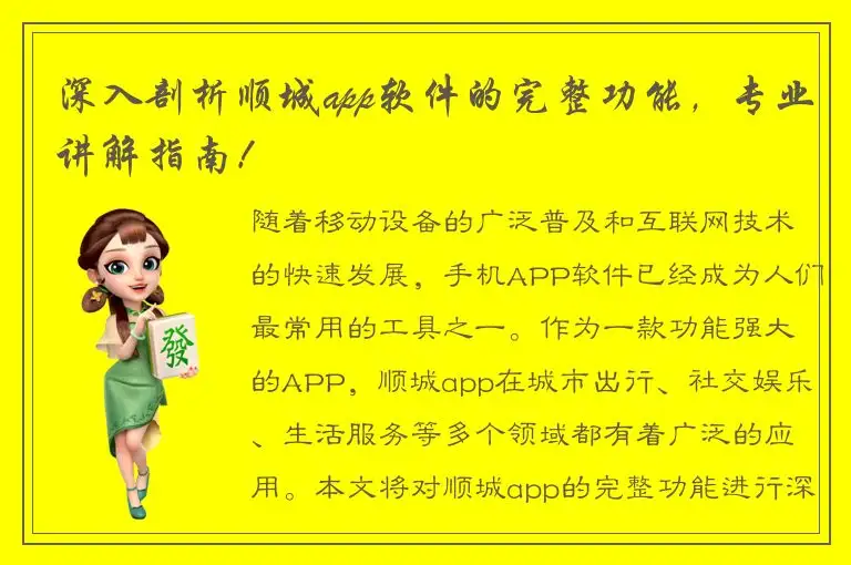 深入剖析顺城app软件的完整功能，专业讲解指南！