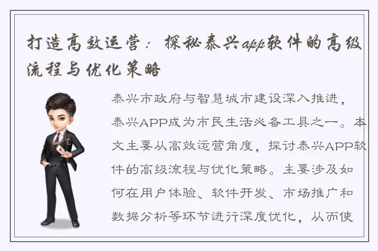 打造高效运营：探秘泰兴app软件的高级流程与优化策略