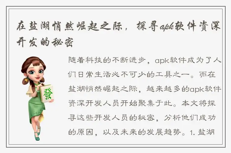 在盐湖悄然崛起之际，探寻apk软件资深开发的秘密