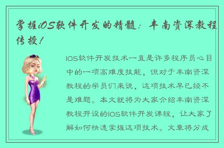 掌握iOS软件开发的精髓：丰南资深教程传授！