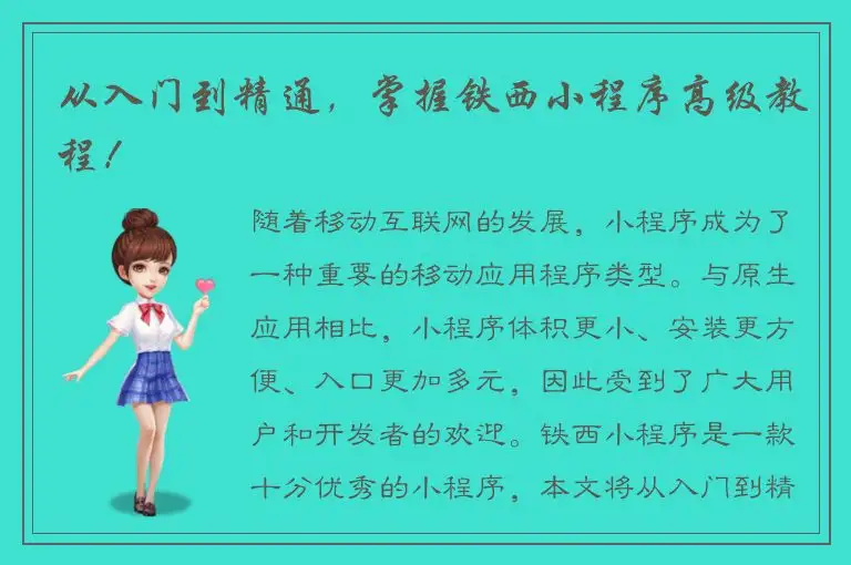 从入门到精通，掌握铁西小程序高级教程！