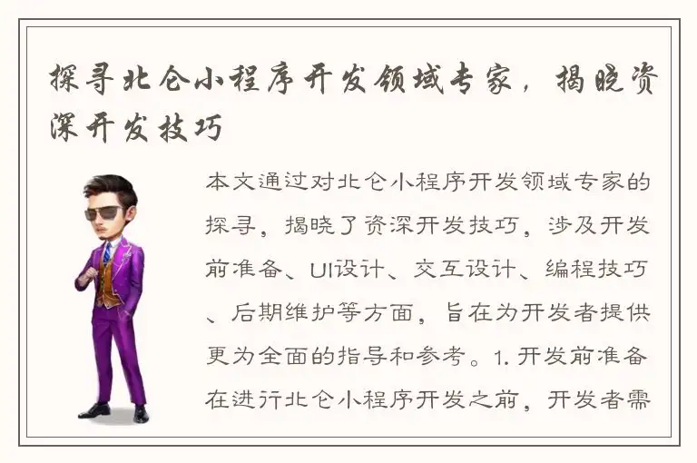 探寻北仑小程序开发领域专家，揭晓资深开发技巧