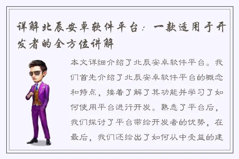 详解北辰安卓软件平台：一款适用于开发者的全方位讲解