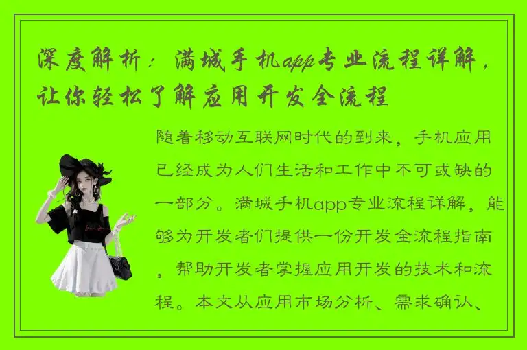 深度解析：满城手机app专业流程详解，让你轻松了解应用开发全流程