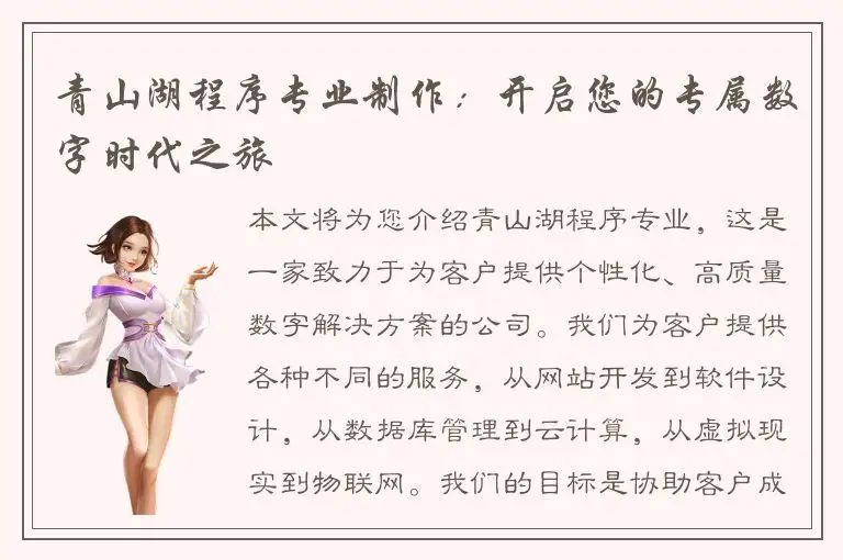 青山湖程序专业制作：开启您的专属数字时代之旅