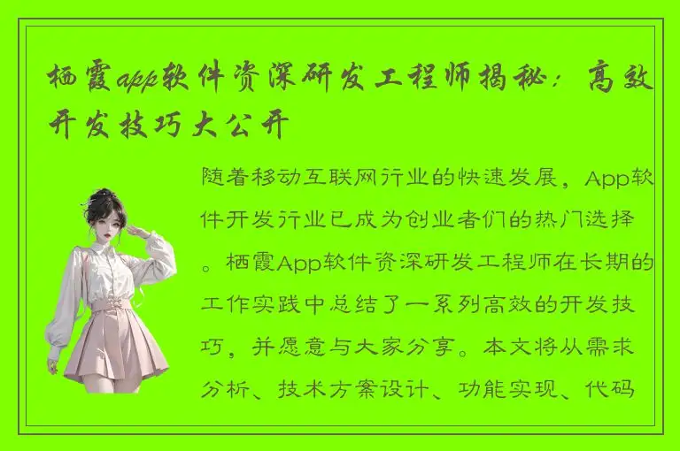 栖霞app软件资深研发工程师揭秘：高效开发技巧大公开