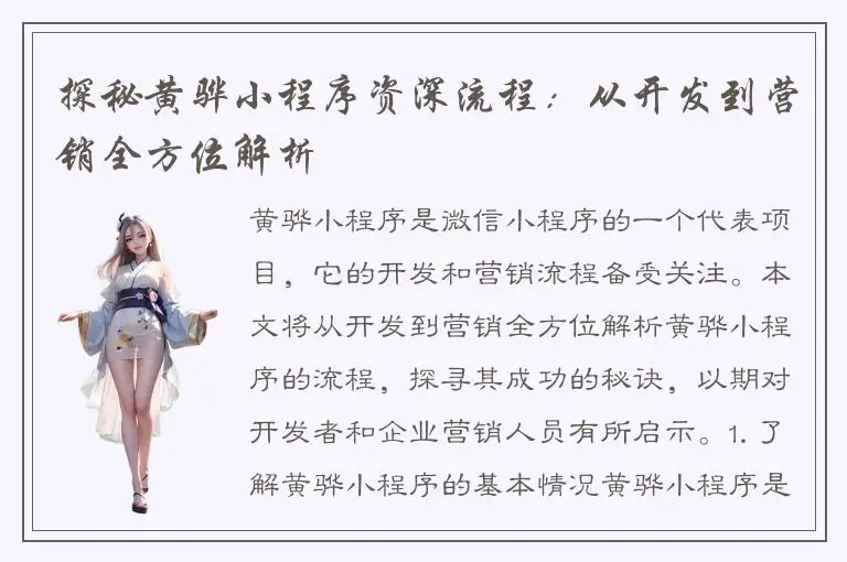 探秘黄骅小程序资深流程：从开发到营销全方位解析