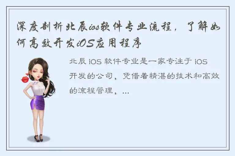 深度剖析北辰ios软件专业流程，了解如何高效开发iOS应用程序