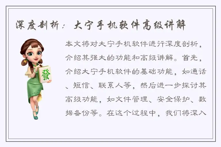 深度剖析：大宁手机软件高级讲解