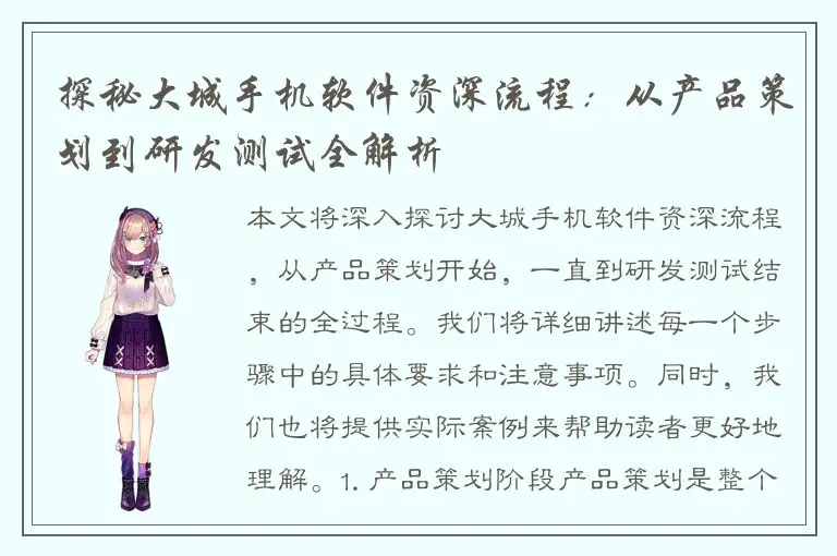 探秘大城手机软件资深流程：从产品策划到研发测试全解析