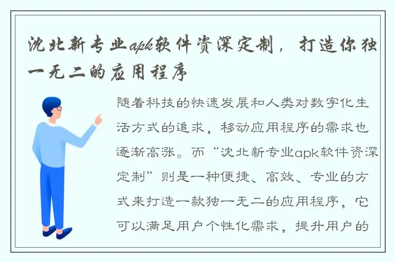 沈北新专业apk软件资深定制，打造你独一无二的应用程序