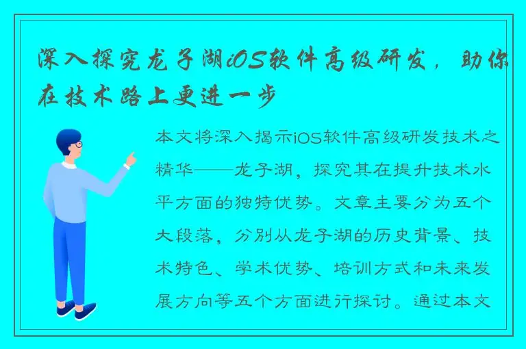 深入探究龙子湖iOS软件高级研发，助你在技术路上更进一步