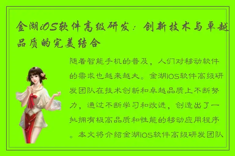 金湖iOS软件高级研发：创新技术与卓越品质的完美结合