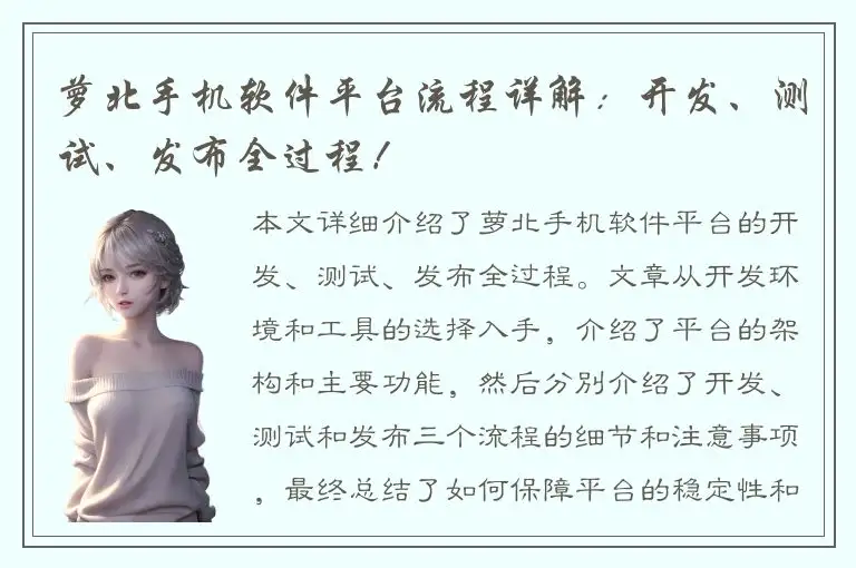 萝北手机软件平台流程详解：开发、测试、发布全过程！