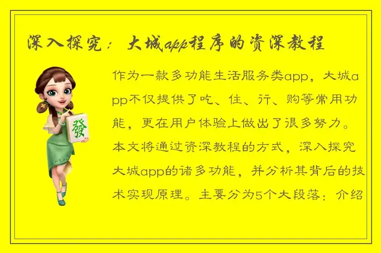 深入探究：大城app程序的资深教程