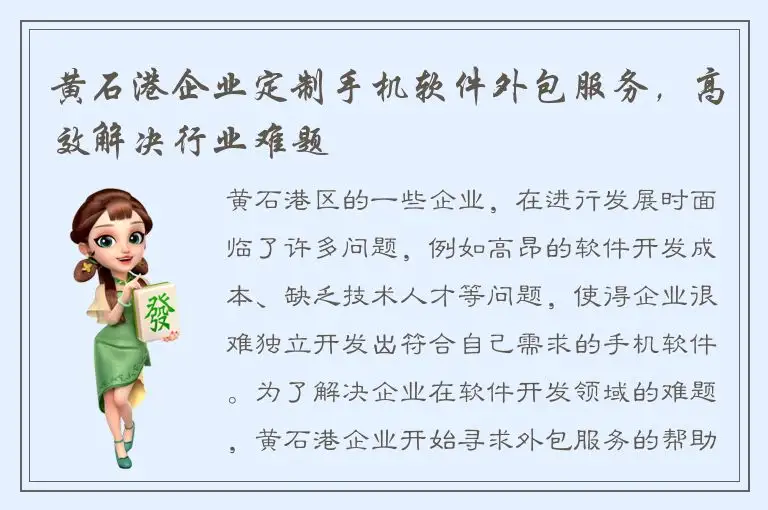 黄石港企业定制手机软件外包服务，高效解决行业难题