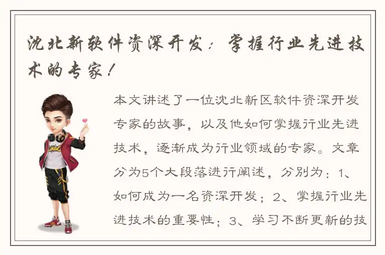 沈北新软件资深开发：掌握行业先进技术的专家！