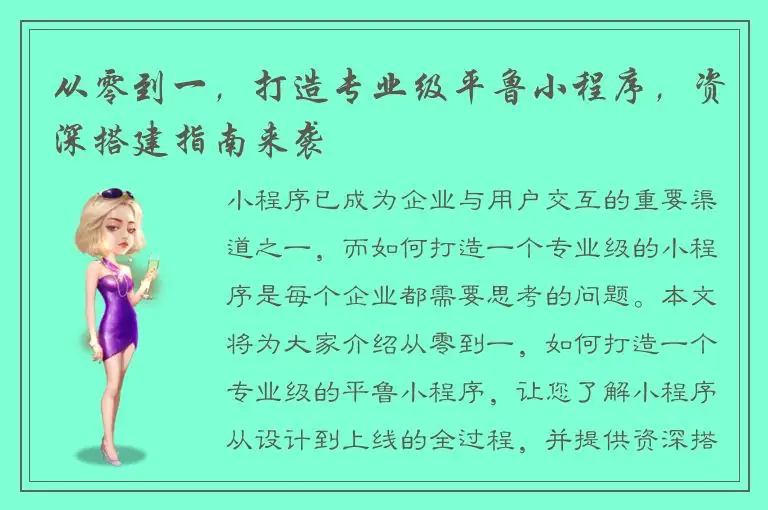 从零到一，打造专业级平鲁小程序，资深搭建指南来袭