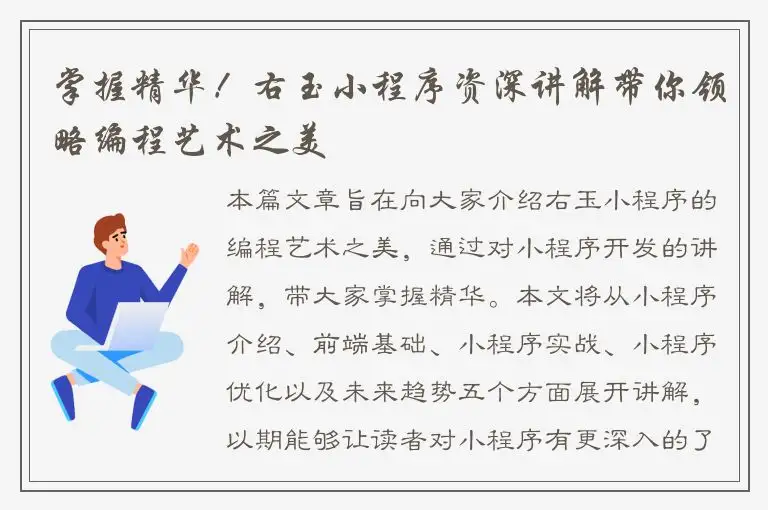 掌握精华！右玉小程序资深讲解带你领略编程艺术之美