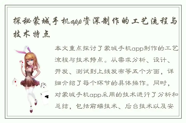 探秘蒙城手机app资深制作的工艺流程与技术特点