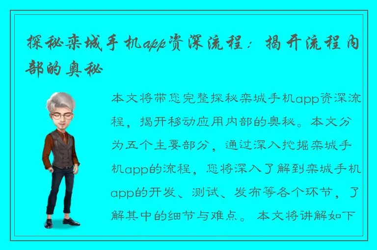 探秘栾城手机app资深流程：揭开流程内部的奥秘