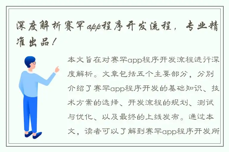深度解析赛罕app程序开发流程，专业精准出品！