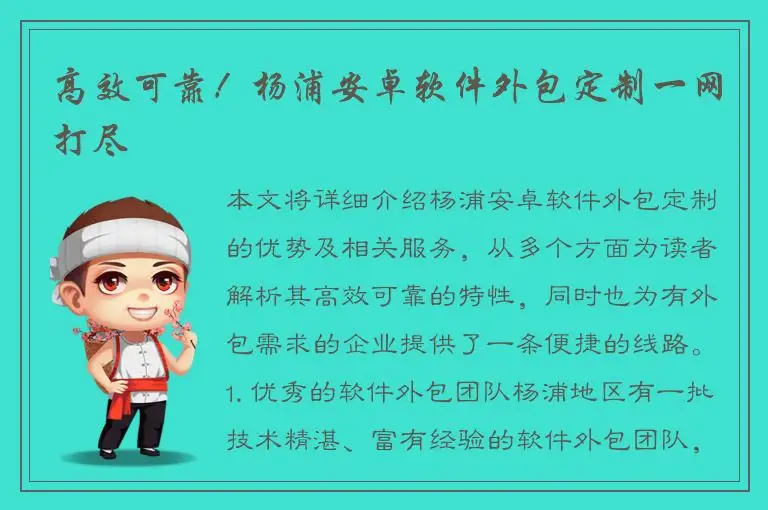 高效可靠！杨浦安卓软件外包定制一网打尽