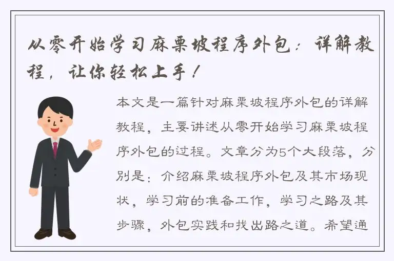 从零开始学习麻栗坡程序外包：详解教程，让你轻松上手！