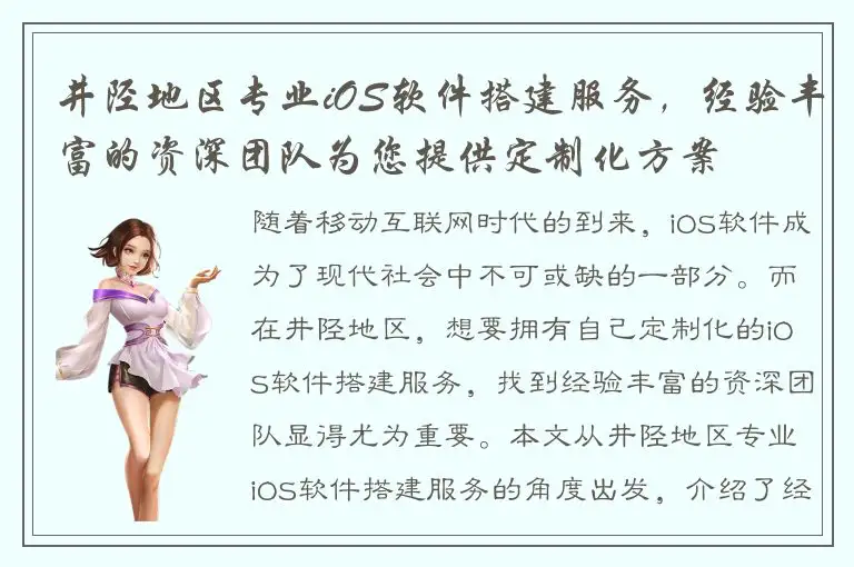 井陉地区专业iOS软件搭建服务，经验丰富的资深团队为您提供定制化方案
